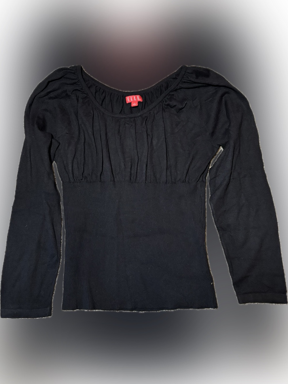 E168 Vintage ELLE Black Ribbed Waist Long Sleeve Top with Pleated Bust, Size XL